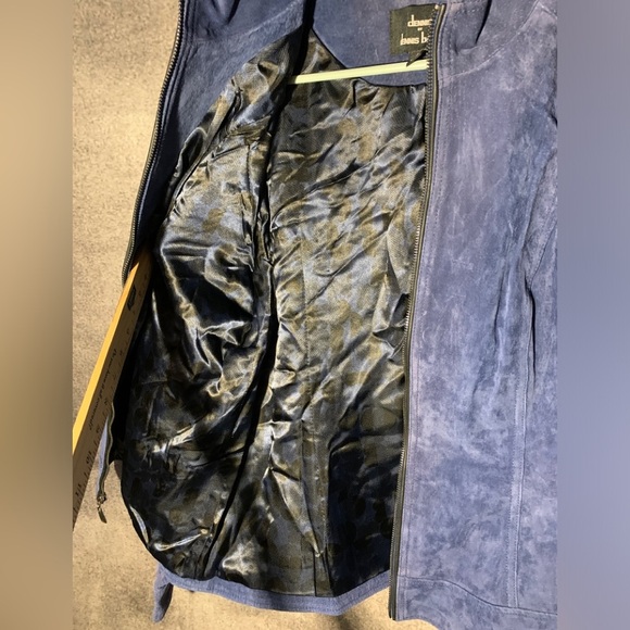 Dennis Basso Blue Suede Leather Jacket Women's Large Full Zip Bomber - Picture 11 of 12